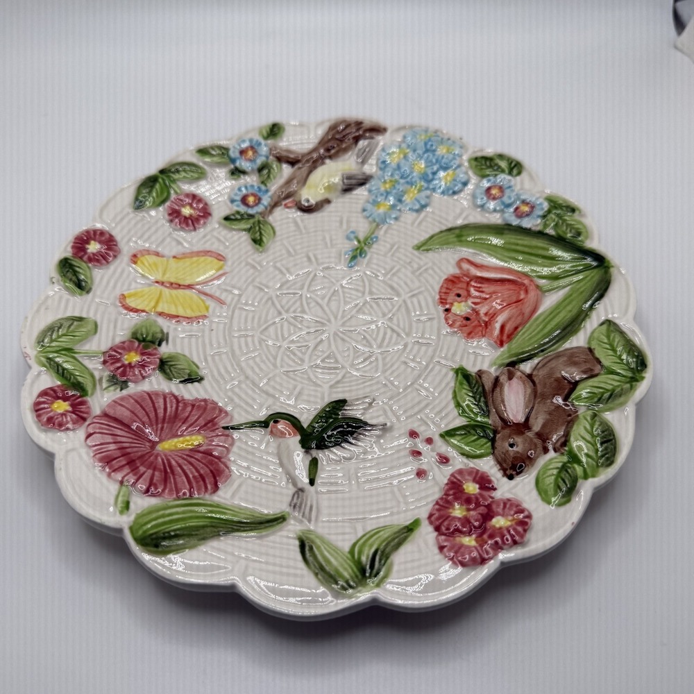 Takahashi Hand Painted Spring Summer Plate‎ Hummingbird Bunny Flower VTG